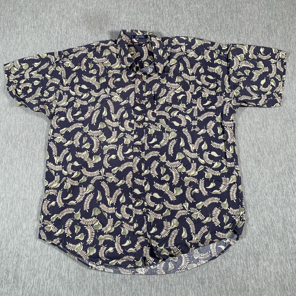 Chaps Ralph Lauren Shirt Mens Large Blue Leaf Hawaiian Button Down Short Sleeve